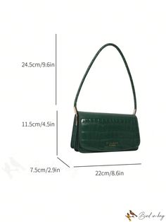 BirdinBag - Stylish Crocodile Pattern Flap Bag in Dark Green with Embossed Letter Graphics - PU Material Crocodile Pattern, Details Pictures, Inch Bag, Baguette Bag, Word Wrap, Bag Bag, Flap Bag, Emboss, Bags Shoulder