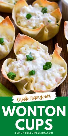 wonton cups with cheese and spinach in them on a wooden table, with text overlay