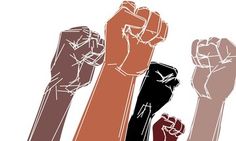 several different colored hands holding up their fists