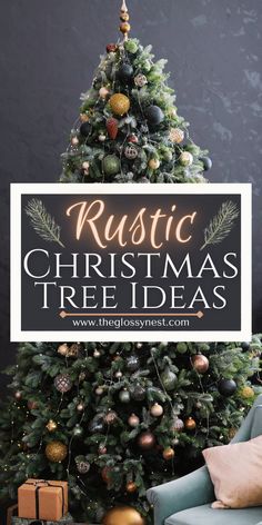 rustic christmas tree with bronze ornaments Christmas Tree Ideas Red And Gold Rustic, Woodland Creatures Christmas Tree, Burlap Christmas Tree Ideas, Wildlife Christmas Tree Ideas, Natural Decorated Christmas Tree, Manly Christmas Tree, Real Tree Decorating Ideas, Natural Christmas Tree Ideas, Rustic Christmas Tree Themes