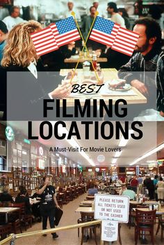 the cover of best filming locations for movie lovers, with images of people sitting at tables and eating