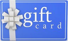 a blue gift card with a white bow and the words gift card written on it