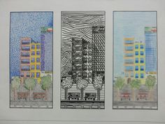 three different colored drawings on paper with buildings in the back ground and trees at the front