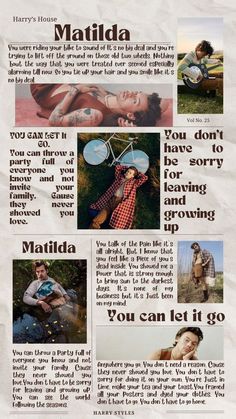 a newspaper article with pictures of people and words on it that say, matilda you can let i go