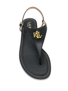 Black leather logo plaque flat sandals from LAUREN RALPH LAUREN featuring gold-tone logo plaque and buckle-fastening ankle strap. | Lauren Ralph Lauren Logo Plaque Flat Sandals Black Logo Sandals For Summer, Ralph Lauren Summer Sandals With Round Toe, Black Designer Sandals With Logo, Luxury Leather T-strap Flat Sandals, Black T-strap Sandals With Flat Leather Sole, Ralph Lauren Logo, Flat Sandals, Black Sandals, Ankle Strap