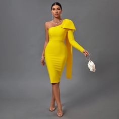 Sexy One-Shoulder Bowknot Bandage Dress - Solid Color Bodycon Cocktail Dress for Women Cocktail Dress For Women, Midi Bandage Dress, Bodycon Cocktail Dress, Asymmetrical Cut, Bandage Midi Dress, Couture Dress, Club Parties, Perfect Woman, Asymmetrical Dress