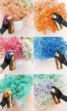 the process of painting flowers with spray paint is shown in four different colors and sizes