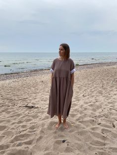 Linen Smock Dress Loose Linen Dress Linen Midi Dress | Etsy Lithuania Flowy Linen Midi Sundress, Flowy Linen Casual Midi Dress, Flowy Linen Midi Dress Casual Style, Summer Linen Midi Dress Relaxed Fit, Relaxed Fit Linen Midi Dress For Beach, Beach Midi Linen Dress, Simple Linen Dress, Linen Summer Dress, Simple Linen