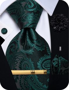 Black Green Paisley Men's NeckTie Flower Brooch Set with Clip Paisley Wedding, Necktie Crafts, Gentleman's Wardrobe, Necktie Set, Mens Ties, Tie For Men, Ties For Men, Green Paisley, Gold Clips