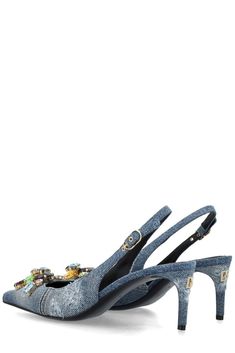 Upper: 98% Cotton, 2% Elastane Designer Embellished Slingback Heels, Feminine Chic, Stefano Gabbana, Patchwork Denim, Zegna Shoes, Prada Leather, Sneaker Wedge, Sling Back, Luxury Retail