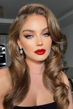 Bridal Makeup Hollywood Glamour, Hollywood Aesthetic Makeup, Classic Makeup With Red Lipstick, Retro Wedding Makeup Vintage Style, Red Lip Party Makeup, Hollywood Prom Makeup, Makeup For Red Dress Blonde Hair, Glam Bridal Makeup Red Lips, Red Lip Hollywood Glam