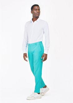 Be bold in our Aqua Blue Stretch Pants. Made with a stretch cotton fabric, these custom made pants will move with you and stand out wherever you go. Stretch Cotton Fabric, Body Posture, Body Scanning, Body Proportions, Natural Curves, Stretch Pants, Be Bold, Tie And Pocket Square, Cotton Pants