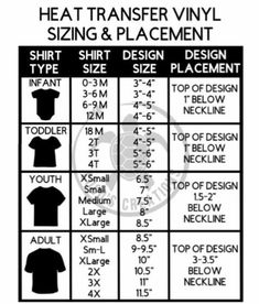 the heat transfer vinyl shirt sizes and placement