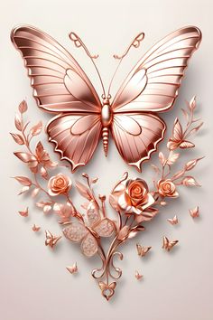 a pink butterfly with flowers and butterflies on it's wings is flying through the air