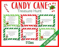 candy cane christmas themed printables with the words,'candy cane treasure hunt '