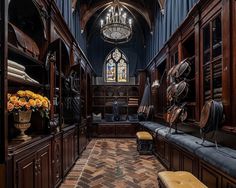 a room filled with lots of wooden furniture