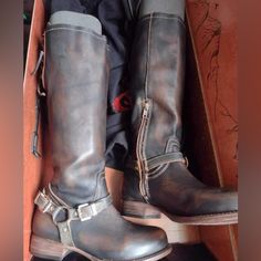 Nwot Only Worn To Try On Black/Brown Leather Boots Style: Harper Brown Leather Moto Boots Medium Width, Brown Leather Rustic Moto Boots, Rustic Brown Leather Moto Boots, Brown Leather Lined Moto Boots With Closed Toe, Freebird Shoes, Boots Style, Brown Leather Boots, Shoes Heels Boots, Try On