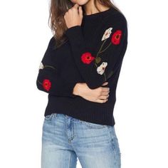 Lucky Brand Floral Embroidered Sweater In Black. Floral Details On Sleeves, Woven Ribbing And Pullover Comfort. Size M, New Without Tags, In Excellent Condition. Embellished Cardigan, Hot Sweater, Distressed Sweatshirt, Lucky Brand Sweater, Jacquard Sweater, Embroidered Sweater, Women's Sweaters, V Neck Cardigan, Red Sweaters