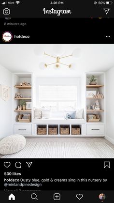 a room with white walls and shelves filled with items on top of the shelf is an instagram post