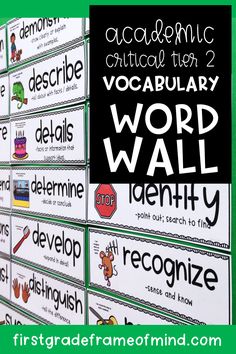 the word wall is organized with posters and words to help students learn how to use them