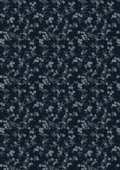 a black and white floral pattern with small flowers on the bottom half of the image