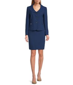 From Nipon Boutique, this 2-piece jacket skirt set features:Jacket:Textured crepe fabricationNotch lapel collar necklineLong sleevesPatch pocketLinedButton front closureApprox. 21.5" in lengthLinedPolyester/elastaneDry clean onlySkirt:Textured crepe fabricationPencil silhouette Zip back closure Approx. 22" in lengthLinedPolyester/elastaneDry clean onlyImported. Tailored Career Skirt Suit With Buttons, Tailored Skirt Suit With Buttons For Workwear, Tailored Skirt Suit With Button Closure For Office, Tailored Skirt Suit With Notch Lapel And Buttons, Tailored Skirt Suit With Notch Lapel, Notch Lapel Skirt Suit With Buttons For Work, Career Skirt Suit With Buttons And Long Sleeves, Career Skirt Suit With Long Sleeve And Buttons, Classic Office