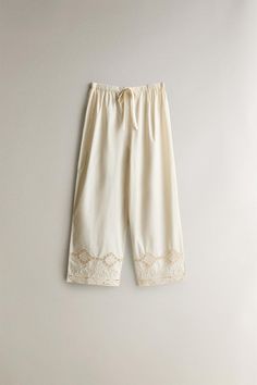 OPENWORK COTTON PANTS - Cream | ZARA United States Zara Cotton Ankle-length Wide Leg Pants, Zara Ankle-length Loungewear Bottoms, Zara Ankle-length Bottoms For Loungewear, Daywear Bottoms With Lace Trim, Summer Daywear Pants With Lace Trim, Cotton Wide-leg Bottoms With Lace Trim, Wide Leg Cotton Bottoms With Lace Trim, Frill Pants, Pants Cream