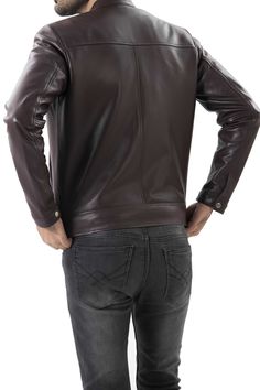 Sleek Leather Jacket For Fall, Sleek Brown Leather Jacket, Sleek Brown Business Outerwear, Business Biker Jacket With Snap Buttons, Business Biker Jacket With Snap Buttons And Long Sleeves, Classic Business Leather Jacket With Zipper Closure, Sleek Long Sleeve Biker Jacket For Business, Sleek Business Biker Jacket With Long Sleeves, Sleek Winter Leather Jacket With Button Closure