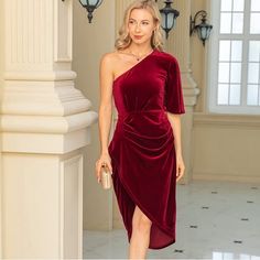 Women's Sexy One Shoulder Cocktail Dresses Ruched Wrap Velvet Asymmetric Party Bodycon Midi Dress Red Asymmetrical Hem Party Dress, Red One Shoulder Midi Dress For Party, Red Party Dress With Asymmetrical Hem, Red Midi Length One Shoulder Party Dress, Red Midi-length One Shoulder Party Dress, Red Bodycon Dress With Asymmetrical Neckline For Party, Red Ruched One Shoulder Party Dress, Red Ruched One-shoulder Party Dress, Red One-shoulder Asymmetrical Dress For Parties