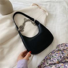 Color: Black large Black Baguette Bag With Chain Strap, Trendy Evening Shoulder Bag With Chain, Trendy Satchel Shoulder Bag With Chain, Casual Evening Shoulder Bag With Chain Strap, Trendy Shoulder Bag With Chain For Daily Use, Black Satchel Shoulder Bag With Chain Detail, Casual Black Bag With Chain, Black Chain Shoulder Bag As Fashion Accessory, Casual Black Bag With Chain Detail