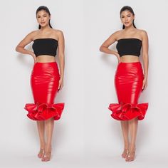 Faux Leather Skirt Ruffle Bottom Stretchy Runs True To Size Model Wears A Small Swag Design, Skirt Ruffle, Faux Leather Skirt, Look Your Best, Jewelry Shopping, Purse Jewelry, Discount Codes, Women Skirts Midi, The Clothes