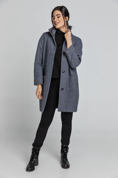 Wool blend grey melange coat. Raglan sleeves and an upright collar. Two patch pockets in the front. Fastens in the front with 4 buttons. Loose fit.  Our model is 176cm and is wearing size 36/S. Measurements for size 38/M (in cm): Shoulder -48, Chest-52, Waist-54, Bottom-56, Sleeve Length-52, Body length-92. 40% wool-60% viscose. Accessories are not included. Dry clean. Mild detergent.  Do not bleach. Gray Outerwear With Concealed Placket For Work, Workwear Pea Coat With Stand Collar And Pockets, Stand Collar Pea Coat With Pockets For Work, Workwear Outerwear With Buttoned Pockets And Stand Collar, Stand Collar Outerwear With Buttoned Pockets For Work, Gray Buttoned Outerwear For Work, Gray Workwear Outerwear With Button Cuffs, Gray Outerwear With Button Cuffs For Work, Gray Long Wool Coat For Workwear