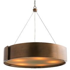 a large circular light fixture hanging from a metal rod with two lights on each end