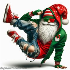 a digital painting of a santa clause doing a handstand on one leg with his feet in the air