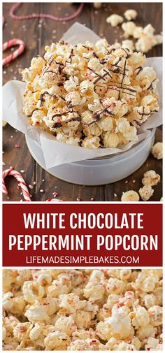 white chocolate peppermint popcorn in a bowl with candy canes on the side