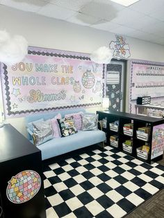 an office decorated with black and white checkered flooring