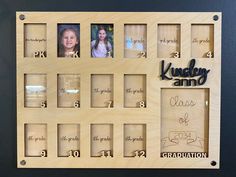 a wooden frame with the names and pictures of children on it that are engraved in black ink