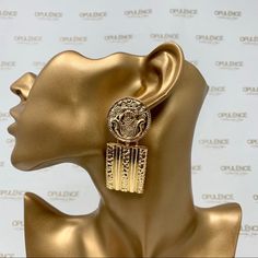 2.5in Long X 1in Wide Gold Earrings For Summer Evenings, Chic Gold-tone Clip-on Earrings, Chic Gold-tone Metal Clip-on Earrings, Luxury Gold-plated Chandelier Dangle Earrings, Luxury Gold-plated Statement Linear Earrings, Jewelry Earrings, Women Jewelry, Women Shopping, Gold