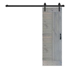 an open sliding door with black hardware and wooden planks on the outside, against a white background