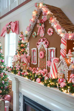 34 Beautiful Mantel Ideas for Winter for a Stunning Home Gingerbread Theme Mantle, Peppermint Mantle Decor, Candy Cane Mantel Decorations, Candy Cane Christmas Fireplace, Huge Gingerbread House Ideas, Gingerbread Theme Christmas Tree Decorating Ideas, Gingerbread Christmas Mantle, Red And White Fireplace Christmas Decor, Gingerbread House Fireplace