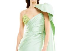 Full length mikado draped sweetheart gown with embroidered bodice and a half-bow over the shoulder with train Gown With Bow On Shoulder, Bow Train Dress, Off-shoulder Party Dress With Bow Detail, Luxury Pre-draped Off-shoulder Gown, Luxury Voluminous Off-shoulder Dress, Green Formal Dresses, Embroidered Bodice, Bodice, Full Length