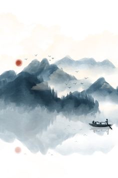 a boat floating on top of a lake surrounded by fog and birds in the sky