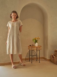 Women's Buttoned Back Linen Dress INSPIRATION in Natural - Etsy Cream Linen Dress With Short Sleeves, Cream Linen Short Sleeve Dress, Cream Short Sleeve Linen Dress, Natural Linen Dress, Linen Dress Summer, Japanese Outfits, Organic Linens, Loose Dress, Dress With Pockets