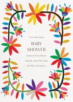 the baby shower is decorated with colorful flowers and leaves, as well as an ornate frame