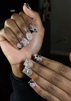 #junknails  #ducknails #black #nails #shortnails Black Ppl Nails Acrylic, Short Nails Ideas Dark Colour, Duck Nails Inspo Black, Cute Junk Nails Short, Junk Nails French Tip, Short Nail Ideas With Charms, Birthday Nails With Bling, Bling Acrylic Nails Black, Short Junk Nails Square