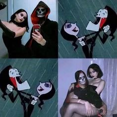 four pictures of women dressed up in halloween costumes, one holding a cell phone and the other taking a selfie