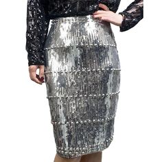 Silver Beaded Sequin A-line Bodycon Skirt Glamorous Stretch Pencil Skirt, Fall Party Midi Pencil Skirt, Elegant Pencil Skirt For Party Season, Fitted Mini Skirt With Sequins, Glamorous Fitted Skirt For Fall, Party Mini Pencil Skirt With Lining, Winter Sequined Mini Skirt, Winter Mini Skirt With Sequins, Fitted Sequin Pencil Skirt