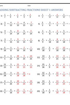 adding subtracting fractions worksheet with answer sheet and printable numbers