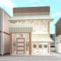 an animated image of a store front with awnings and potted plants on the windows