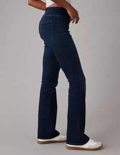 AE Luxe Pull-On High-Waisted Kick Bootcut Jean Womens High Rise Boot Cut Jeans, Navy Bootcut Jeans, Bootcut Jeans American Eagle, High Rise Dark Wash Pull-on Jeans, Dark Wash Bootcut Jeans Women, Pull On Jeans, Bootcut Pants, Bootcut Jeans, American Eagle Outfitters